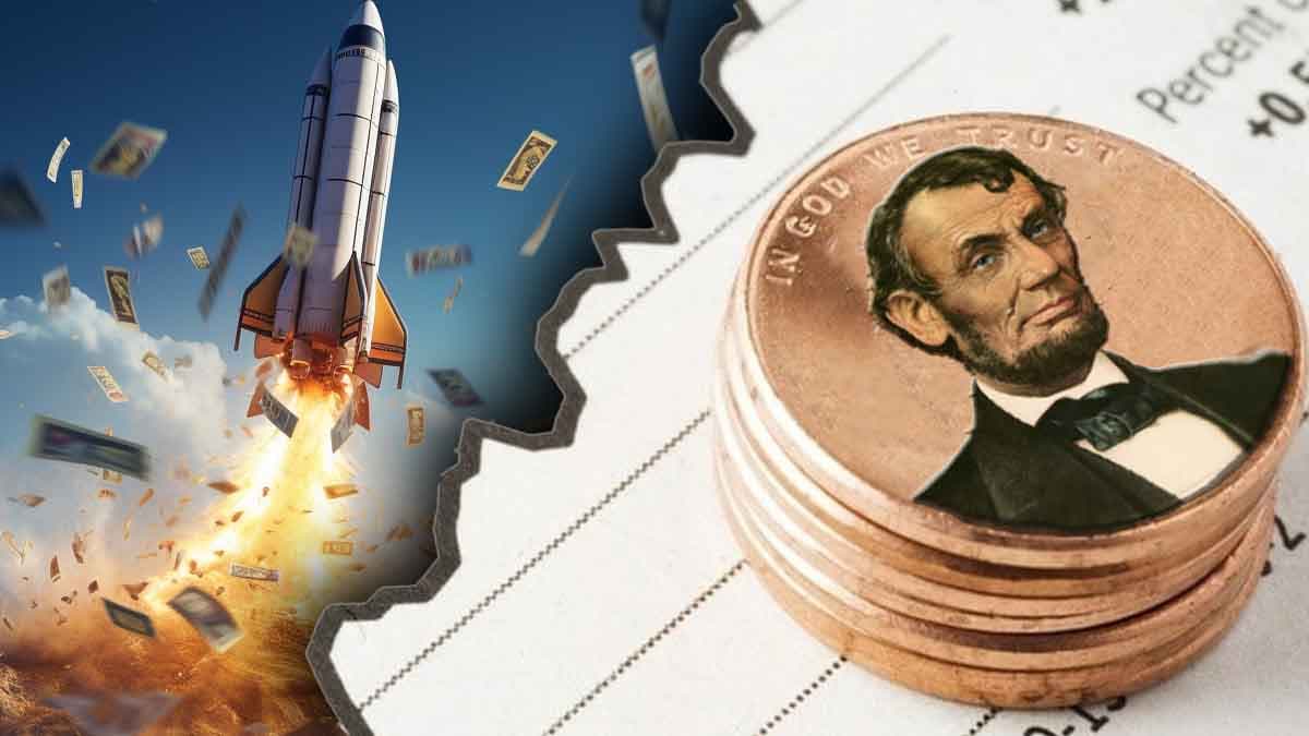 Low angle view of a rocket taking off with money symbols flying out behind it and penny stock to buy